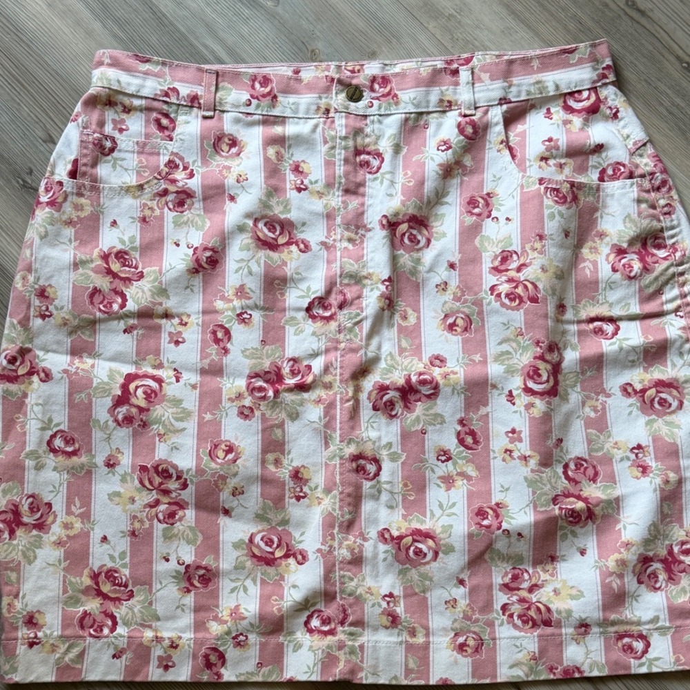 VTG Venezia Floral Feminine Denim Skirt Pink White Stripe Rose Cotton Size 22